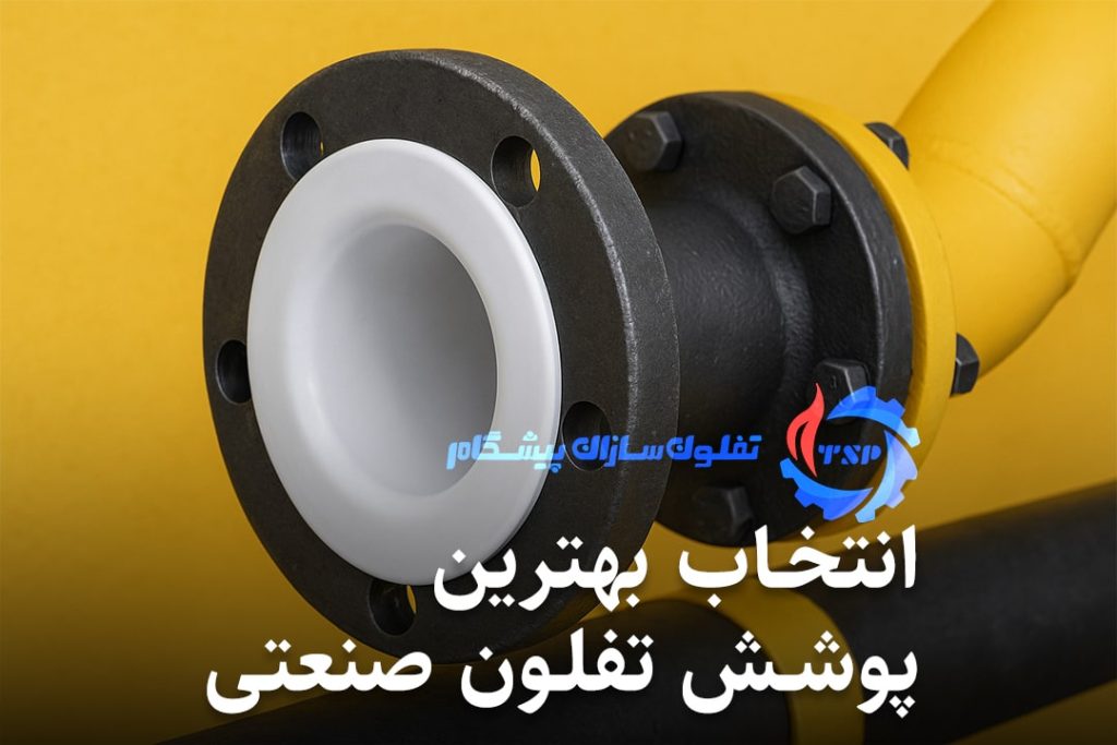 کلوزآپ یک فلنج فلزی با لاینینگ تفلون سفید، نصب‌شده روی لوله صنعتی، با پس‌زمینه زرد - تفلون‌سازان پیشگام