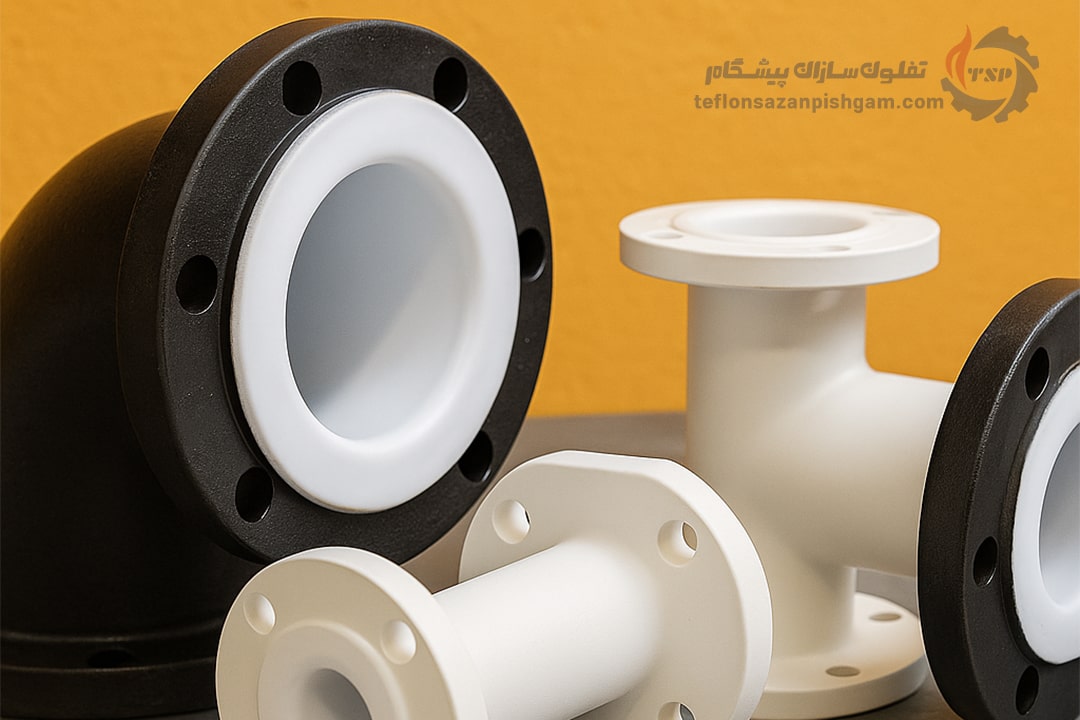 چند اتصال فلنج‌دار صنعتی شامل زانویی و تی لاین‌شده با تفلون سفید، قرارگرفته روی سطح خاکستری با پس‌زمینه زرد