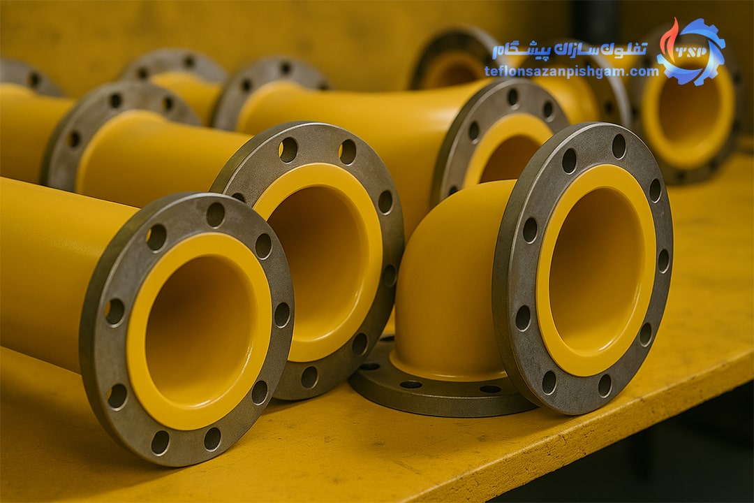 ردیفی از اتصالات فلنج‌دار صنعتی با پوشش زرد و فلنج‌های خاکستری، چیده‌شده روی میز کار زرد