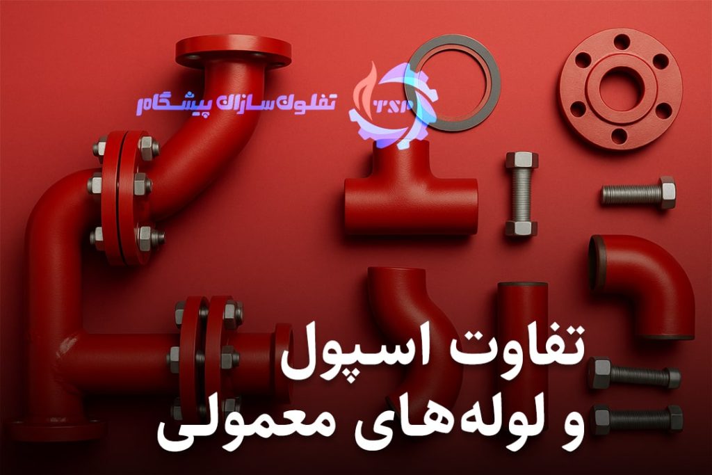 تفاوت اسپول و لوله معمولی و اتصالات لوله‌کشی صنعتی با رنگ قرمز روی پس‌زمینه قرمز، شامل فلنج، زانو، سه‌راهی، بولت و اسپول مونتاژشده.